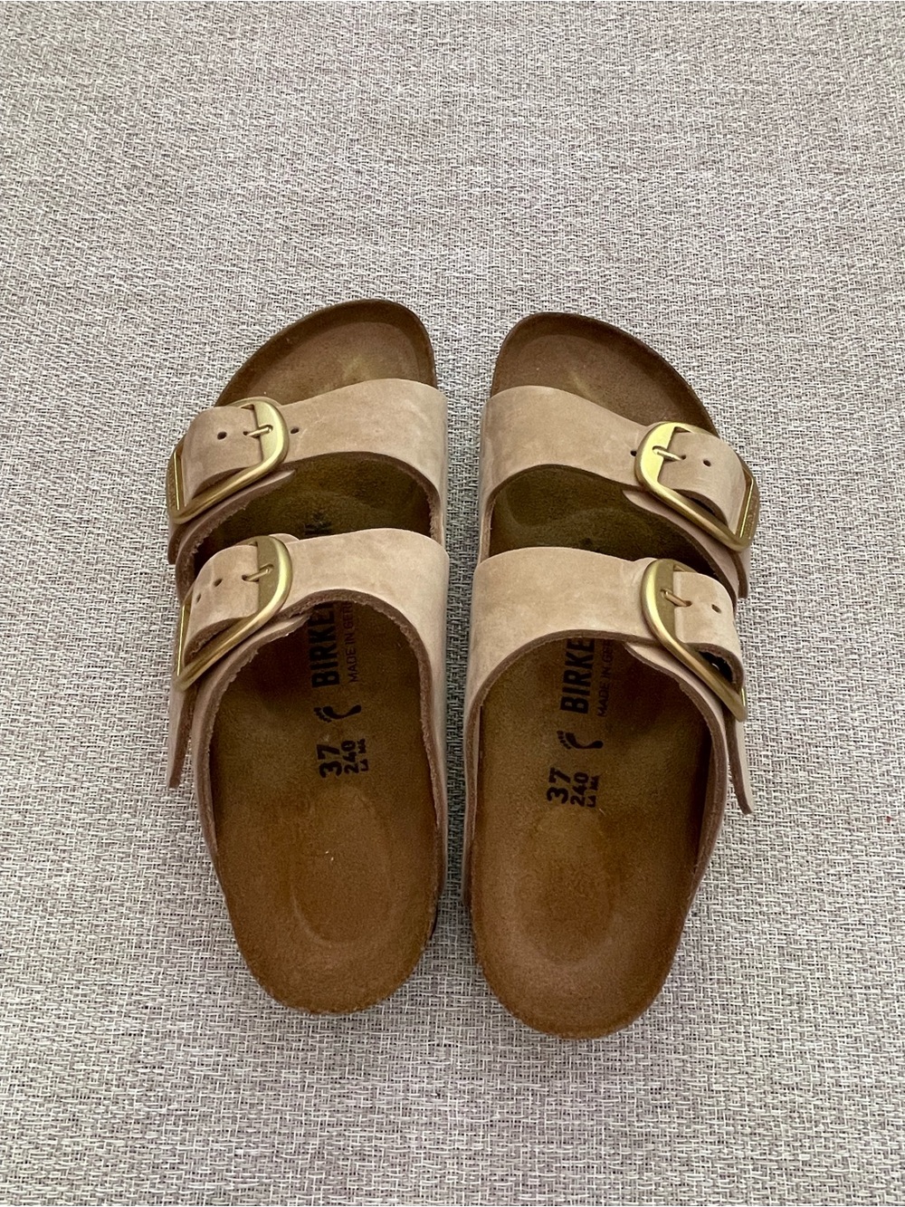 Birkenstock Arizona Big BuckSuede Double Strap Sandal in Taupe with Gold Buckles